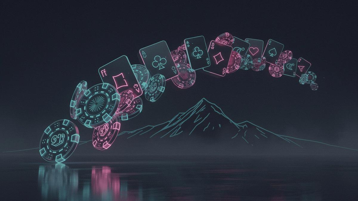 AorakiPlay social casino lobby style artwork with abstract neon chips and a mountain silhouette